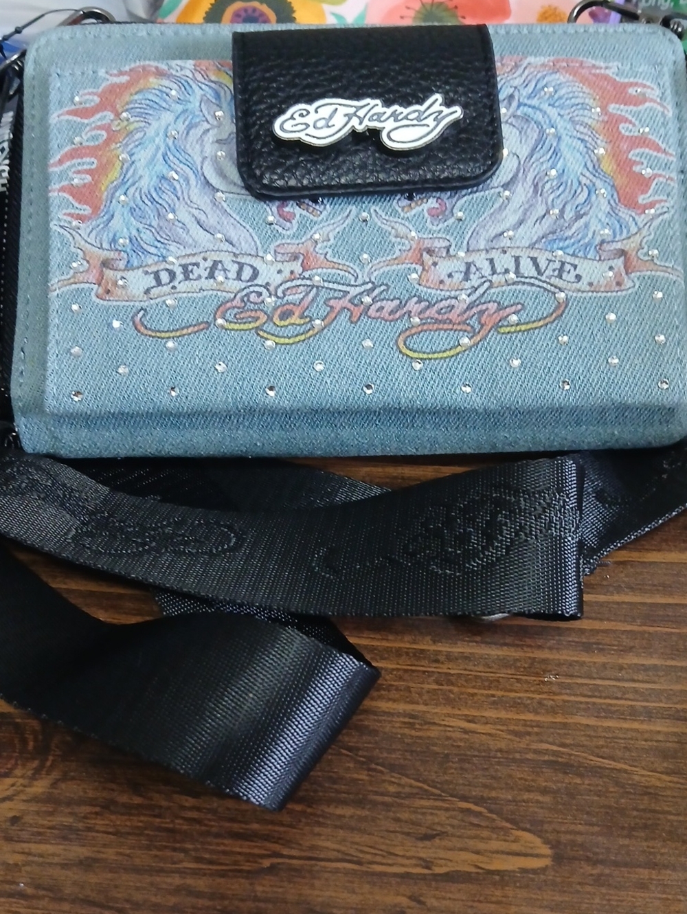 Ed Hardy Denim Crossbody Bag with Black Trim and Multicolor Graphic
